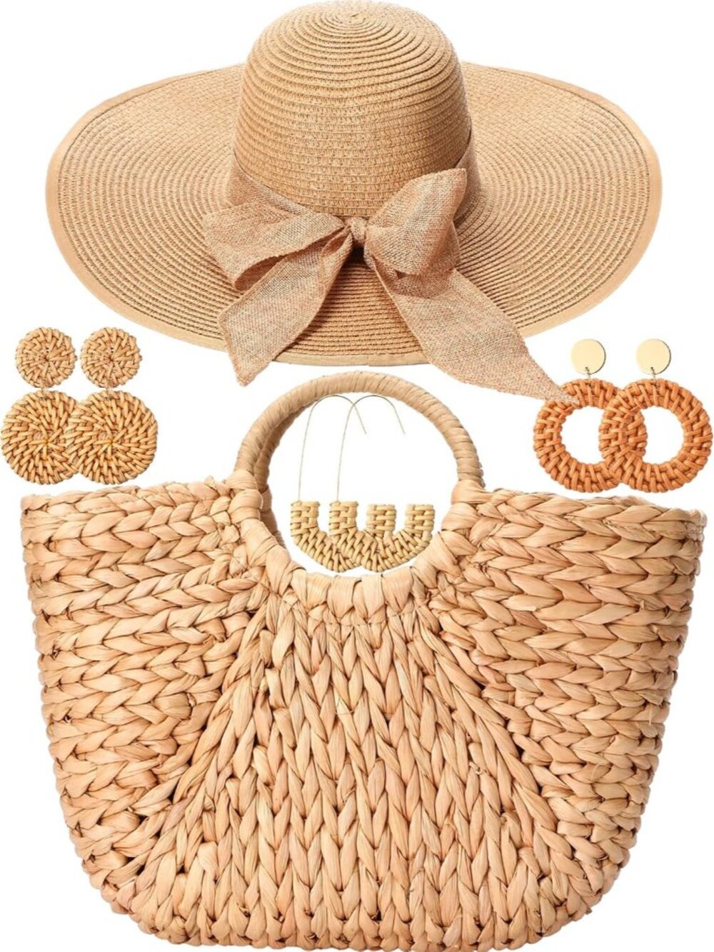 5 Pcs Womens Straw Bag and Hat Set for Summer, Large Straw Beach Bag, Packable F
